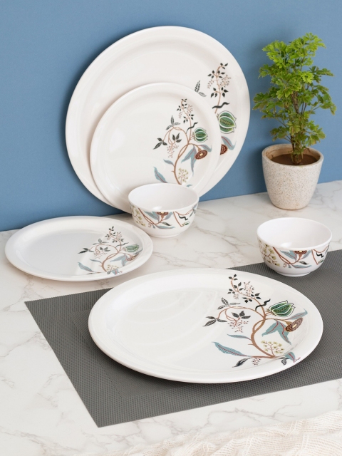 

LIVING ROOTS White & Green 12 Pieces Printed Melamine Glossy Dinner Set