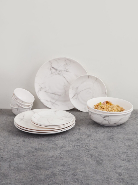 

Home Centre White & Grey 14 Pieces Printed Melamine Matte Dinner Set