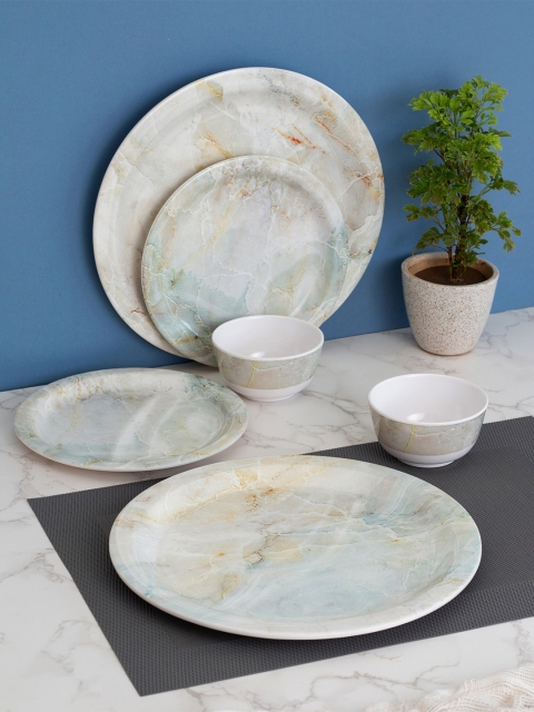 

LIVING ROOTS Set Of 24 White & Beige Printed Melamine Glossy Dinner Set