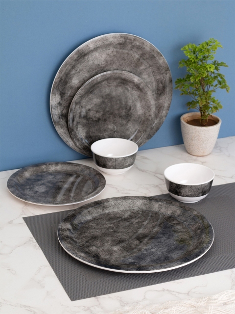 

LIVING ROOTS Grey & White 24 Pieces Floral Printed Melamine Glossy Dinner Set