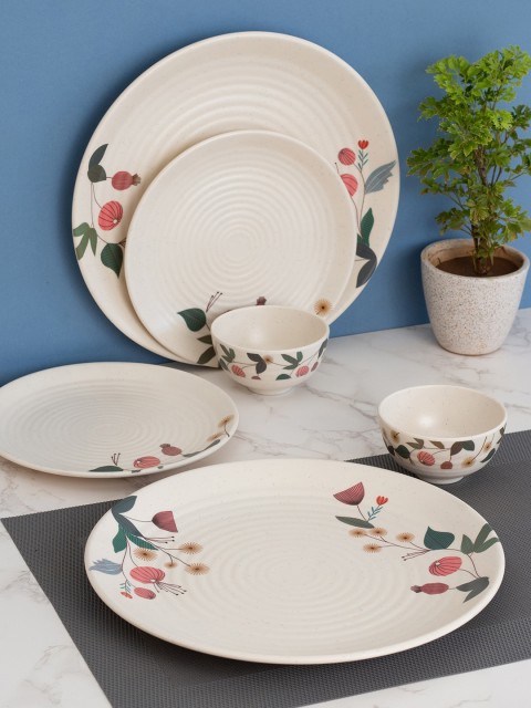 

LIVING ROOTS Off-White & Green 24 Pieces Floral Printed Melamine Glossy Dinner Set