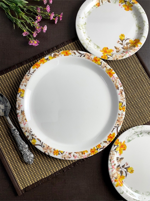 LIVING ROOTS Set Of 24 White Floral Printed 100% Melamine Dinner Set, Off white