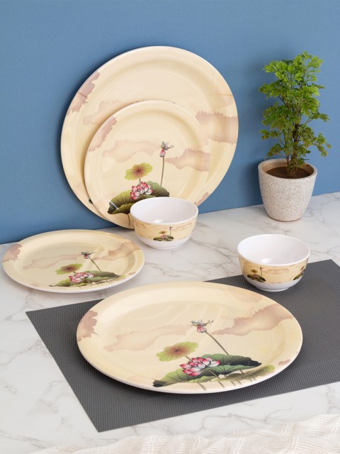 

LIVING ROOTS Cream-Coloured & Green Pieces Floral Printed Melamine Glossy Dinner Set