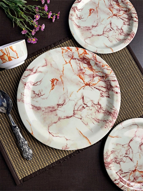 

LIVING ROOTS White & Orange Set of 24 Pieces Printed Melamine Glossy Dinner Set