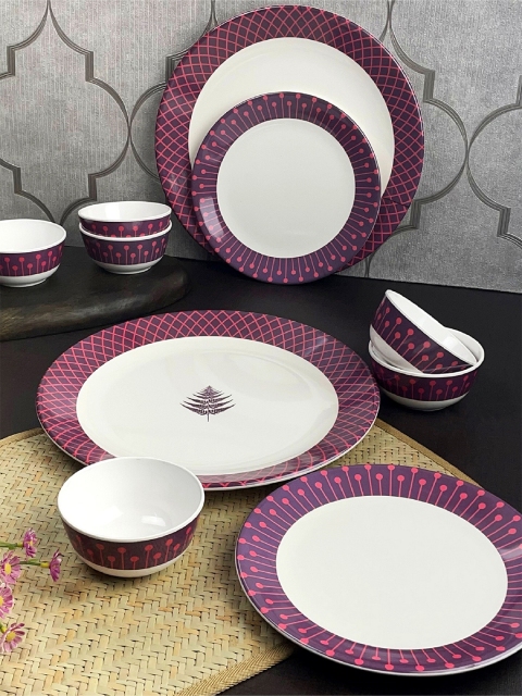 

LIVING ROOTS White & Purple Set Of 24 Pieces Printed Melamine Glossy Dinner Set