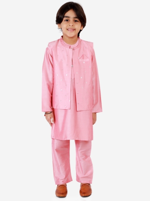 

Lil Peacock Boys Peach-Coloured Layered Kurta with Pyjamas & with Nehru Jacket