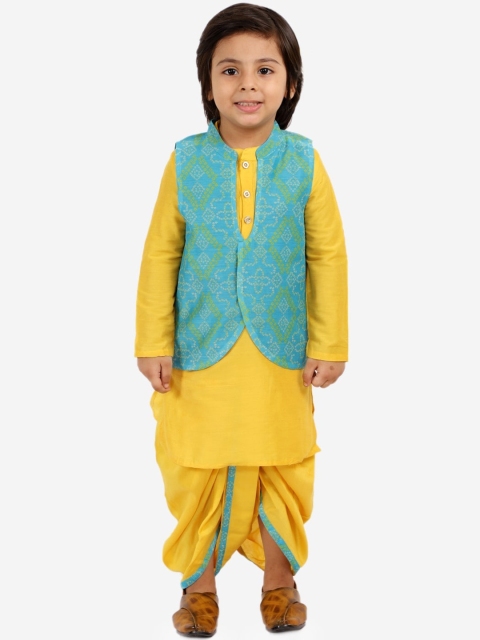 

Lil Peacock Boys Yellow & Turquoise Blue Layered Kurta & Dhoti Pants With Jacket