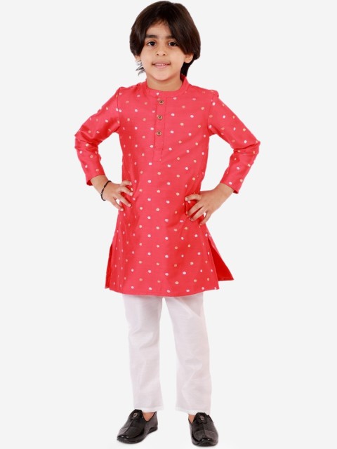 

Lil Peacock Boys Coral Orange & White Printed Kurta with Pyjamas