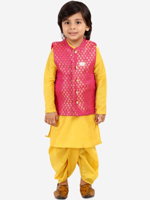 

Lil Peacock Boys Yellow Floral Printed Layered Kurta with Dhoti Pants & With Dupatta