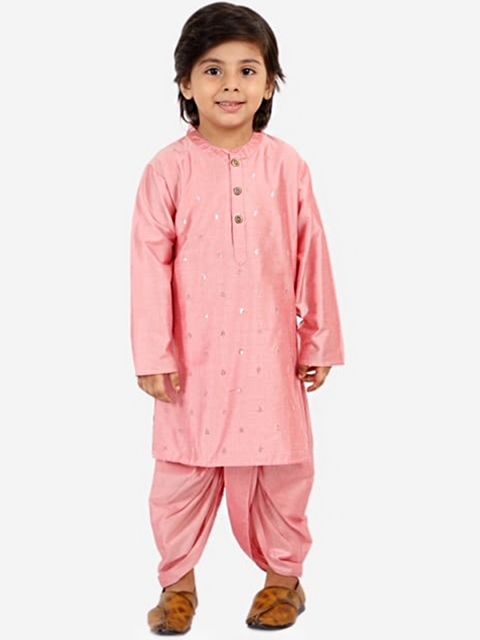 

Lil Peacock Boys Peach-Coloured Embroidered Sequinned Kurta with Dhoti Pants