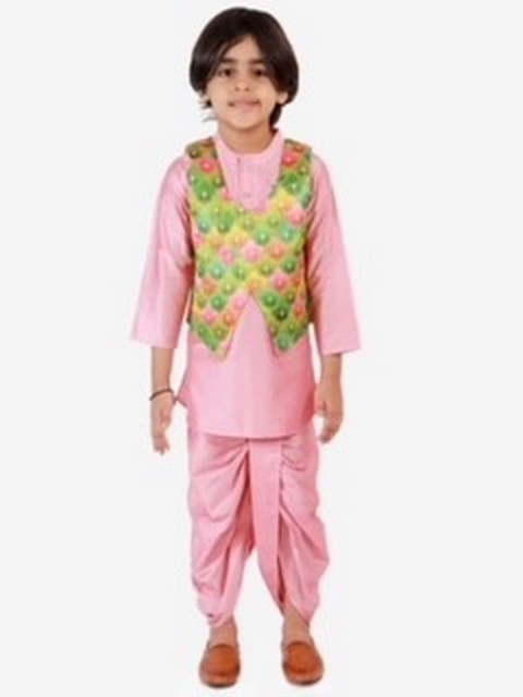 

Lil Peacock Boys Pink Kurta & Dhoti Pants With Waistcoat