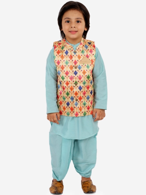 

Lil Peacock Boys Blue Printed Kurta with Dhoti Pants With Nehru Jacket