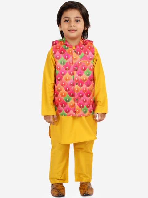 

Lil Peacock Boys Mustard Yellow Floral Printed Layered Kurti with Salwar