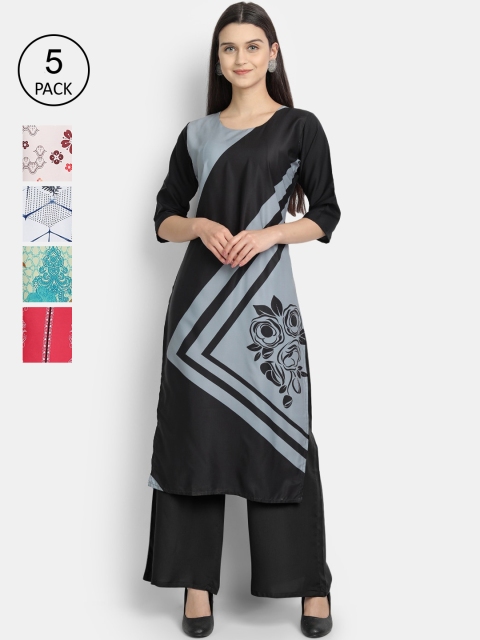 

7Threads Women Pack Of 5 Printed Crepe Kurtas, Black