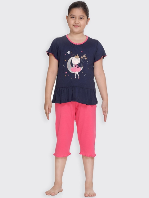 

Kanvin Girls Navy Blue & Pink Printed Pure Cotton Night suit