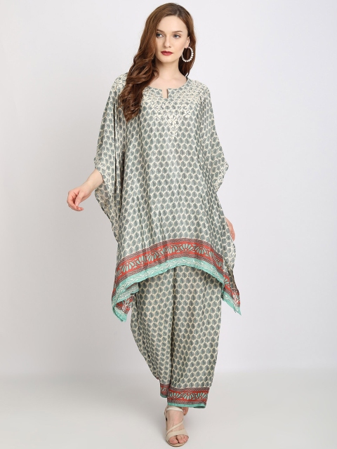 

HOUSE OF KARI Women Green & Beige Floral Printed Floral Kaftan Kurta