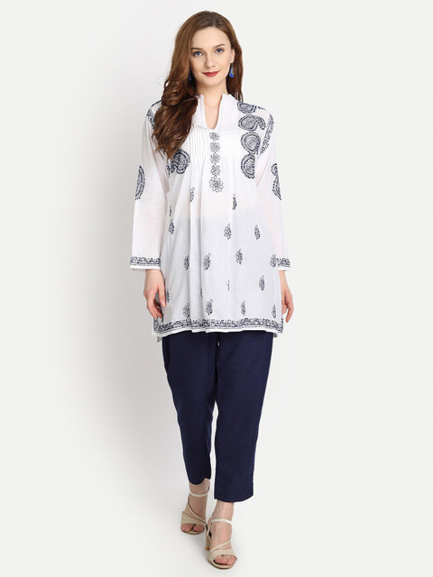 

HOUSE OF KARI White & Blue Chikankari Embroidered Tunic