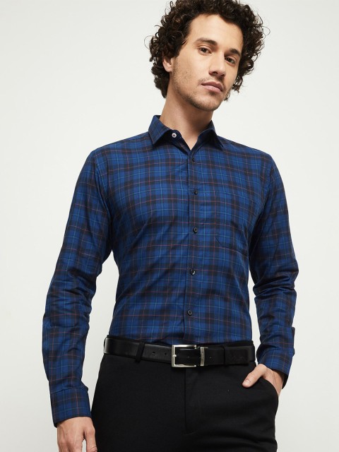 

max Men Navy Blue Tartan Checks Checked Casual Shirt