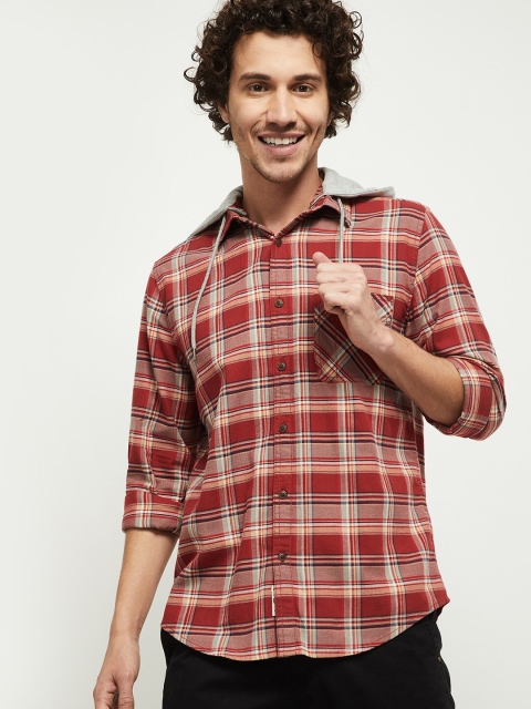 

max Men Red Tartan Checks Checked Casual Shirt
