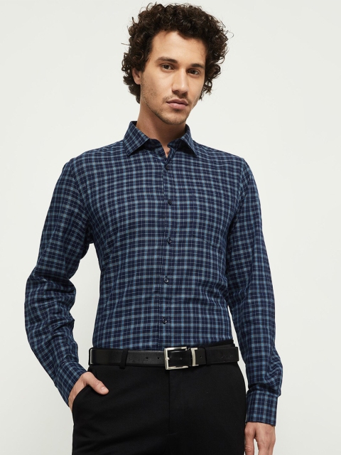 

max Men Cotton Navy Blue Grid Tattersall Checks Casual Shirt