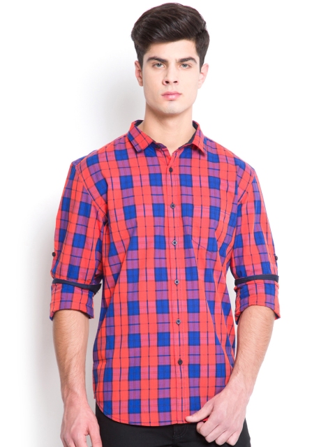 

HIGHLANDER Men Orange Slim Fit Checked Casual Shirt