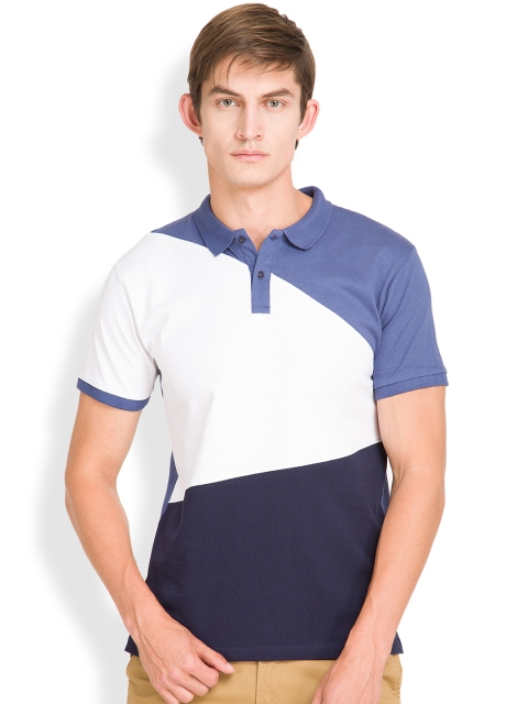 

HIGHLANDER Men Blue & White Colourblocked Polo Collar T-shirt