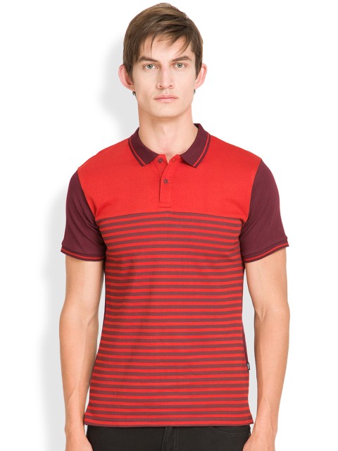 

HIGHLANDER Men Red & Purple Striped Polo Collar T-shirt