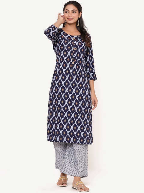 

ANAISA Women Blue & Grey Ethnic Motifs Printed Mirror Work Kurta with Palazzos