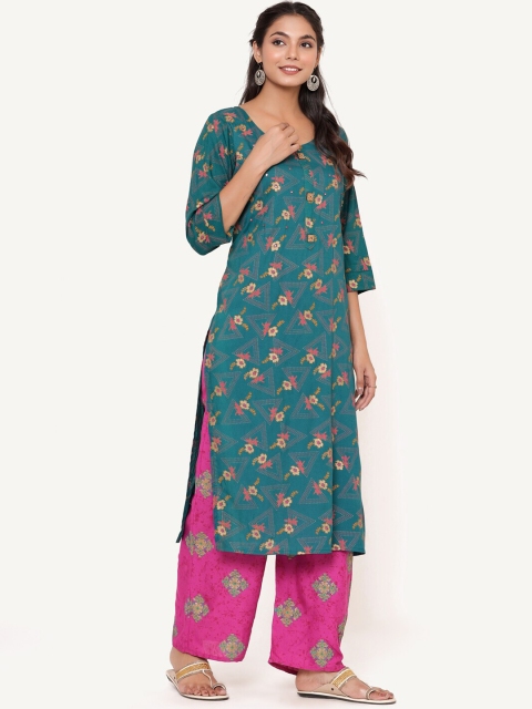 

ANAISA Women Teal Mirror Work Floral Printed Kurta with Palazzos