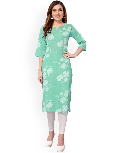 

KALINI Women Green Floral Printed Thread Work Crepe Kurta