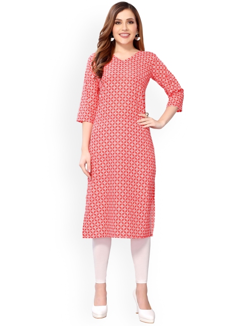 

KALINI Women Pink & White Geometric Printed Crepe Kurta