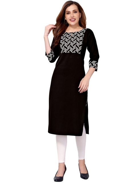 

KALINI Women Black & White Geometric Yoke Design Keyhole Neck Crepe Kurta