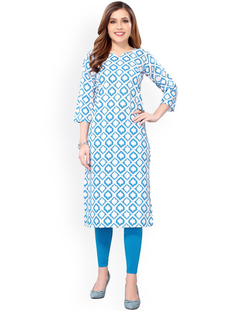 

KALINI Women White Geometric Printed Flared Sleeves Mirror Work Crepe Kurta