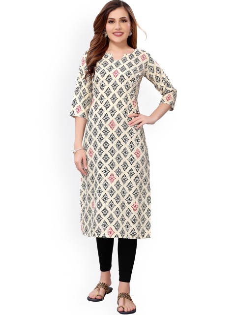 

KALINI Women Off White & Black Geometric Printed Crepe Kurta