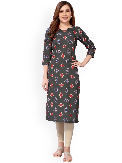 

KALINI Women Grey & Red Geometric Printed Crepe Kurta