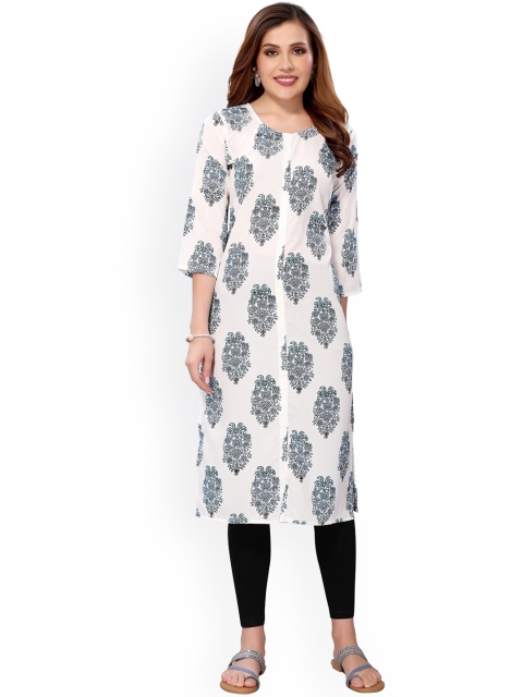 

KALINI Women White Floral Printed Keyhole Neck Cold-Shoulder Sleeves Crepe Kurta