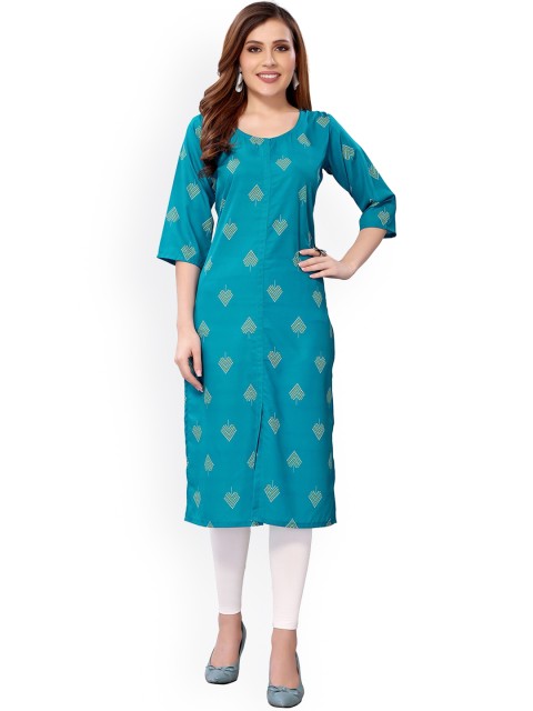 

KALINI Women Turquoise Blue & Yellow Geometric Printed Crepe Kurta