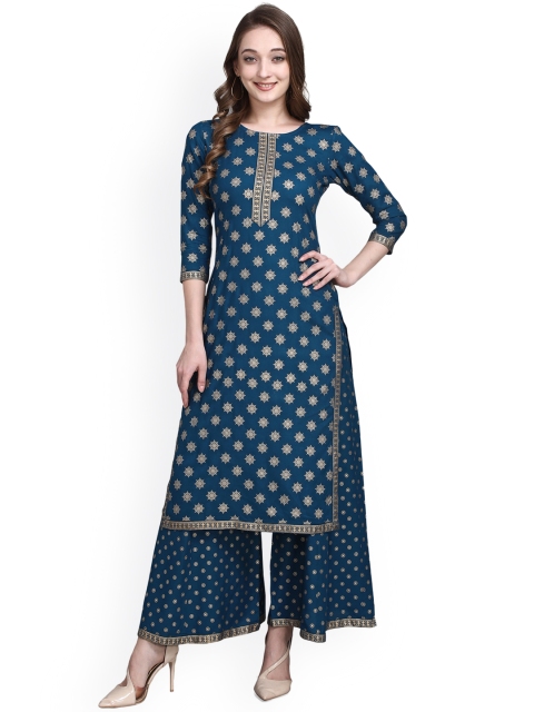 

KALINI Women Blue Ethnic Motifs Printed Cold-Shoulder Sleeves Kurta