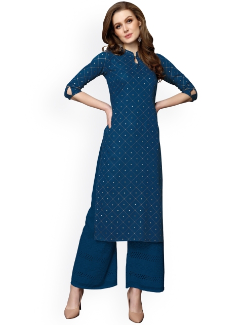 

KALINI Women Blue & Gold-Toned Geometric Foil Printed Keyhole Neck Kurta