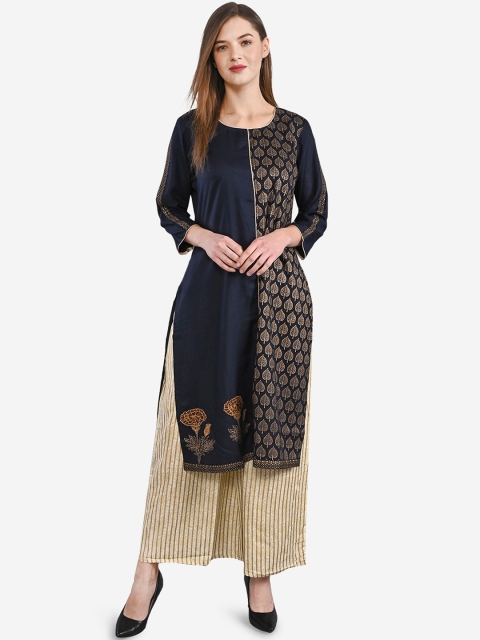 

Be Indi Women Navy Blue Ethnic Motifs Printed Kurta with Palazzos