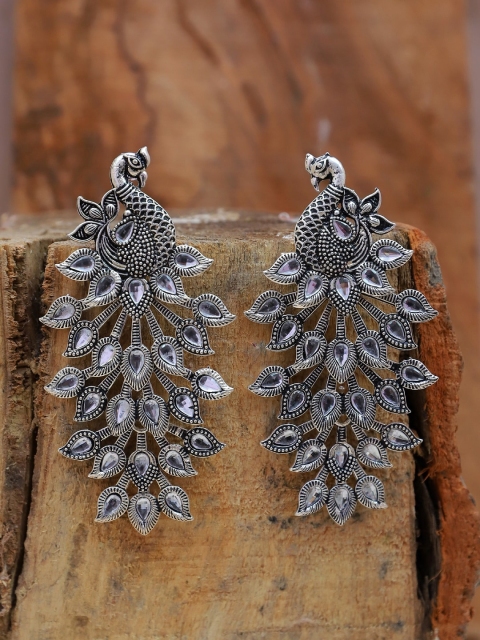

Crunchy Fashion Silver-Toned Contemporary Peacock Shaped Drop Earrings