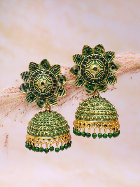 

Crunchy Fashion Green & Gold-Toned Dome Shaped Jhumkas Earrings