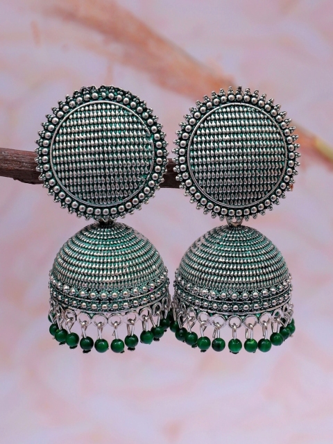 

Crunchy Fashion Silver-Toned & Green Contemporary Oxidised Jhumkas Earrings