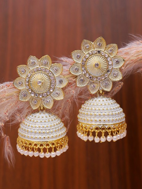

Crunchy Fashion White & Gold-Toned Dome Shaped Jhumkas Earrings