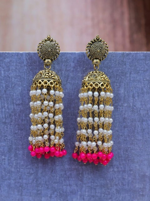 

Crunchy Fashion White & Gold-Toned Dome Shaped Jhumkas Earrings