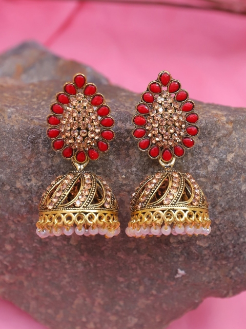 

Crunchy Fashion Red Beads and Stone Gold Plated Contemporary Jhumkas Earrings
