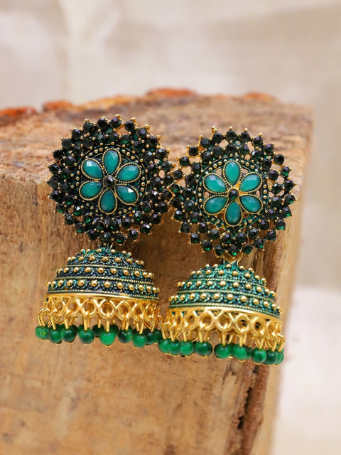 

Crunchy Fashion Green & Gold-Toned Dome Shaped Jhumkas Earrings