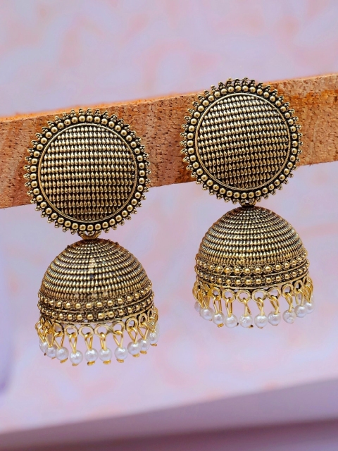 

Crunchy Fashion Gold-Toned & White Dome Shaped Jhumkas Earrings