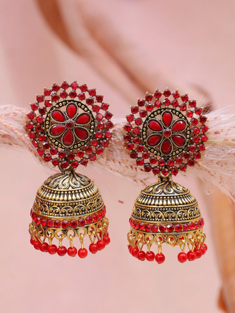 

Crunchy Fashion Gold-Toned Contemporary Jhumkas Earrings, Red