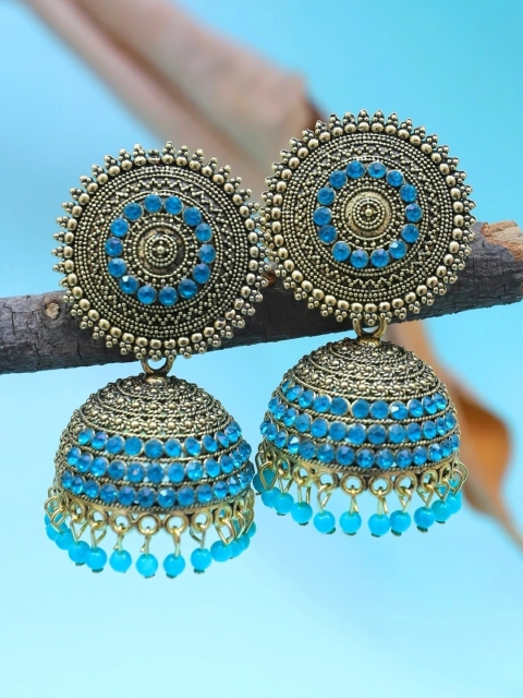 

Crunchy Fashion Blue & Gold-Toned Contemporary Jhumkas Earrings